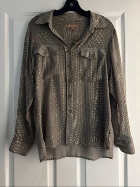 Ellen Tracy Olive Green Button-Front Blouse with Metallic Dot Detail Sz S